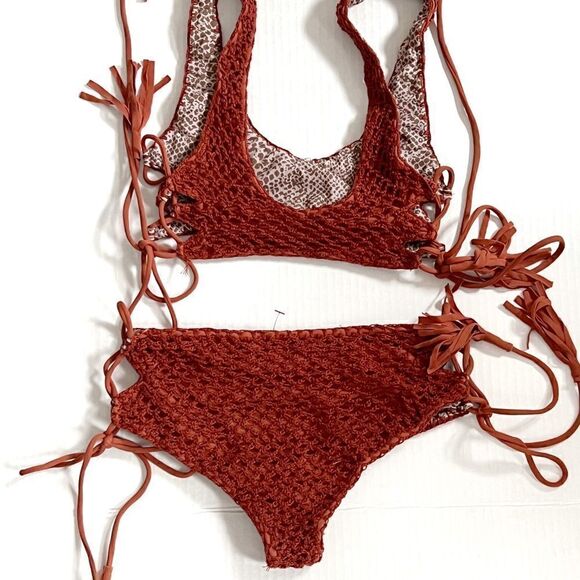 Acacia Crochet Hunter Rust Color Bikini Top and Bottom Mai Tai Sz S Host Pick - Picture 7 of 9